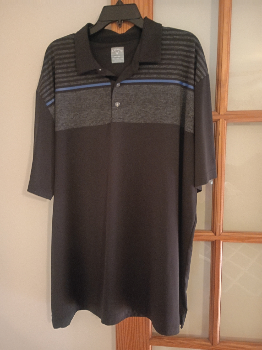 Callaway Black Polo with Gray Chest Panel and Blue Stripe